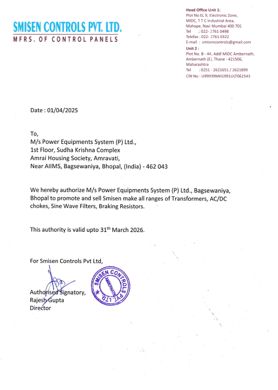 Smisen Controls Authorisation Certificate